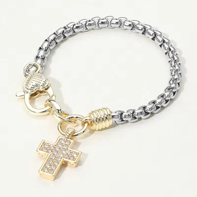 Fashnzfab 14k Gold Plated Cz Stone Paved Cross Charm Two Tone Bracelet Two Tone In Multi