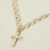 Fashnzfab 14k Gold Plated Cz Stone Paved Cross Pendant Chunky Circle Link Chain Necklace - Gold In Gold