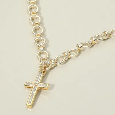 Fashnzfab 14k Gold Plated Cz Stone Paved Cross Pendant Chunky Circle Link Chain Necklace - Gold