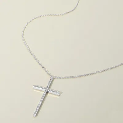 Fashnzfab 14k Gold Plated Cz Stone Paved Cross Pendant Necklace - Rhodium In Multi