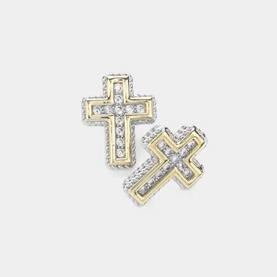 Fashnzfab 14k Gold Plated Cz Stone Paved Cross Stud Earrings In Multi