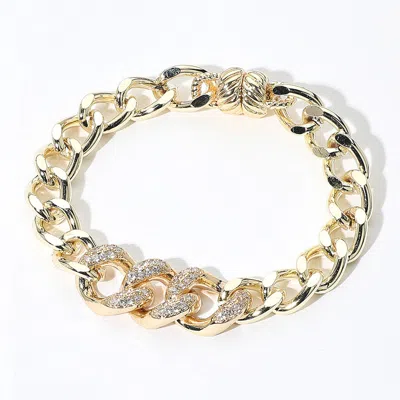 Fashnzfab 14k Gold Plated Cz Stone Paved Cuban Chain Magnetic Bracelet Gold