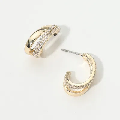 Fashnzfab 14k Gold Plated Cz Stone Paved Double Hoop Earrings In Brown
