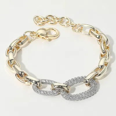 Fashnzfab 14k Gold Plated Cz Stone Paved Double Oval Link Accent Link Chain Bracelet Gold