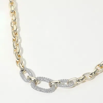 Fashnzfab 14k Gold Plated Cz Stone Paved Double Oval Link Accent Link Chain Necklace