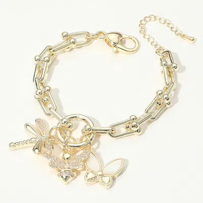 Fashnzfab 14k Gold Plated Cz Stone Paved Dragonfly Honey Bee Mother Of Pearl Butterfly Charm Industrial Chain 