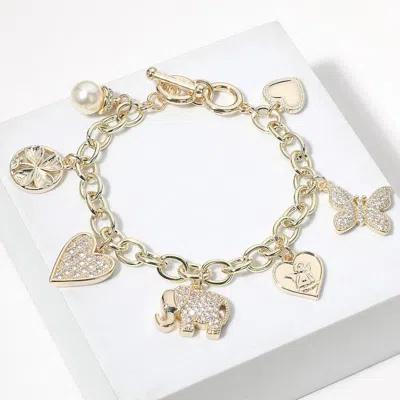 Fashnzfab 14k Gold Plated Cz Stone Paved Elephant Heart Butterfly Heart Clover Pearl Charm Station Bracelet Go