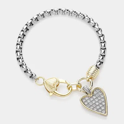 Fashnzfab 14k Gold Plated Cz Stone Paved Heart Charm Pointed Bracelet Two Tone In Multi