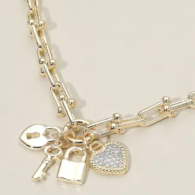 Fashnzfab 14k Gold Plated Cz Stone Paved Heart Key Lock Charm Industrial Link Chain Necklace