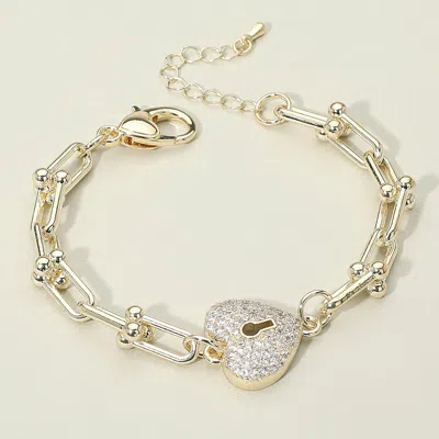 Fashnzfab 14k Gold Plated Cz Stone Paved Heart Lock Charm Accent Chunky Industrial Chain Link Bracelet