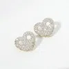 Fashnzfab 14k Gold Plated Cz Stone Paved Heart Mariner Link Stud Earrings In Gold