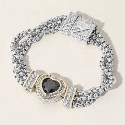 Fashnzfab 14k Gold Plated Cz Stone Paved Heart Pointed Magnetic Bracelet - Jet Black In Silver