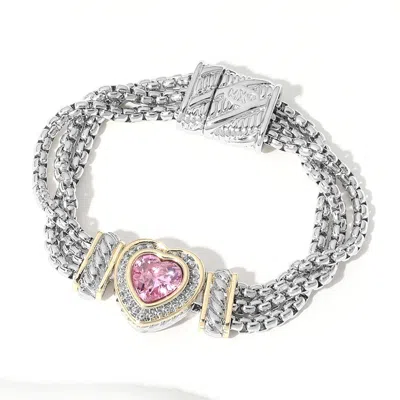Fashnzfab 14k Gold Plated Cz Stone Paved Heart Pointed Magnetic Bracelet - Pink In Silver
