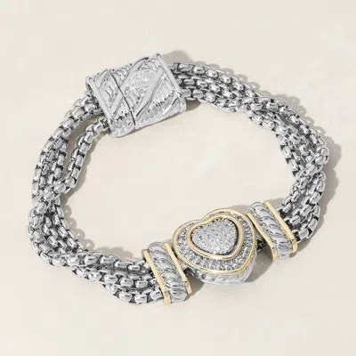 Fashnzfab 14k Gold Plated Cz Stone Paved Heart Pointed Magnetic Bracelet In Silver