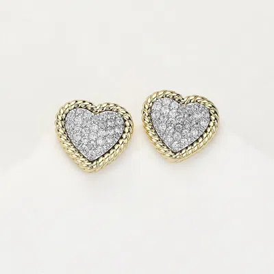 Fashnzfab 14k Gold Plated Cz Stone Paved Heart Stud Earrings - Two Tone