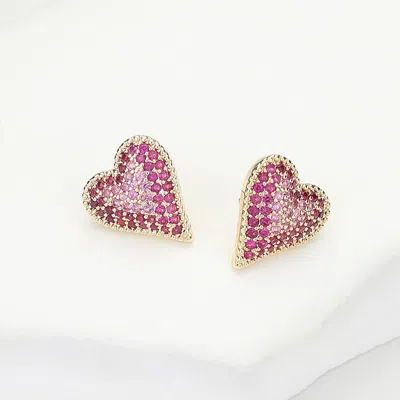 Fashnzfab 14k Gold Plated Cz Stone Paved Heart Stud Earrings In Multi