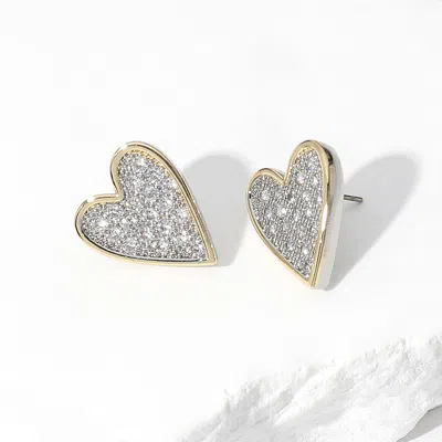 Fashnzfab 14k Gold Plated Cz Stone Paved Heart Stud Earrings - Two Tone In Silver