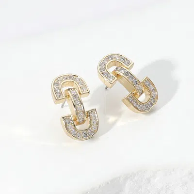 Fashnzfab 14k Gold Plated Cz Stone Paved Horsebit Earrings - Gold