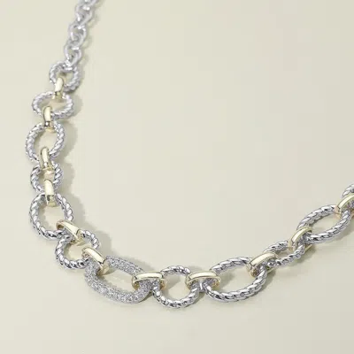 Fashnzfab 14k Gold Plated Cz Stone Paved Link Accent Two Tone Chunky Chain Necklace In Metallic