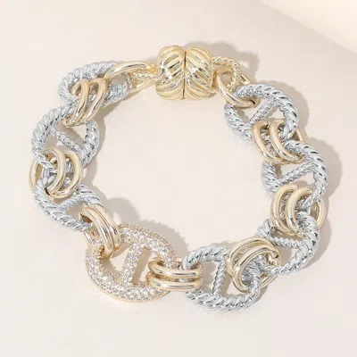 Fashnzfab 14k Gold Plated Cz Stone Paved Link Magnetic Bracelet Two Tone In Multi