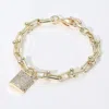 Fashnzfab 14k Gold Plated Cz Stone Paved Lock Charm Industrial Chain Link Bracelet Gold In Gold