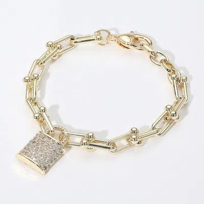 Fashnzfab 14k Gold Plated Cz Stone Paved Lock Charm Industrial Chain Link Bracelet Gold