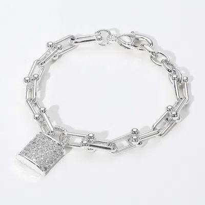 Fashnzfab 14k Gold Plated Cz Stone Paved Lock Charm Industrial Chain Link Bracelet Rhodium In Multi