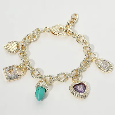 Fashnzfab 14k Gold Plated Cz Stone Paved Lock Heart Teardrop Charm Station Bracelet Gold