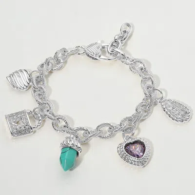 Fashnzfab 14k Gold Plated Cz Stone Paved Lock Heart Teardrop Charm Station Bracelet Rhodium In Multi