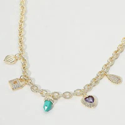 Fashnzfab 14k Gold Plated Cz Stone Paved Lock Heart Teardrop Charm Station Necklace