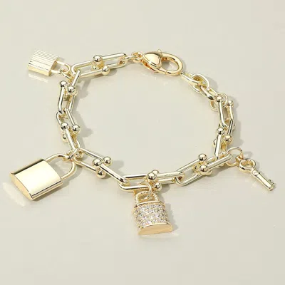 Fashnzfab 14k Gold Plated Cz Stone Paved Lock Key Charm Station Industrial Chain Link Bracelet Gold