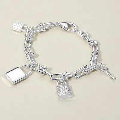 Fashnzfab 14k Gold Plated Cz Stone Paved Lock Key Charm Station Industrial Chain Link Bracelet Rhodium In Multi