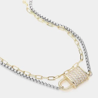 Fashnzfab 14k Gold Plated Cz Stone Paved Lock Pendant Layered Necklace