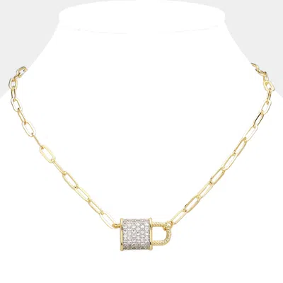 Fashnzfab 14k Gold Plated Cz Stone Paved Lock Pendant Necklace - Gold