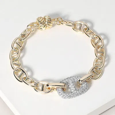 Fashnzfab 14k Gold Plated Cz Stone Paved Mariner Link Accented Magnetic Bracelet