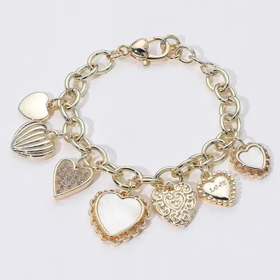 Fashnzfab 14k Gold Plated Cz Stone Paved Mother Of Pearl Heart Charm Station Bracelet Gold