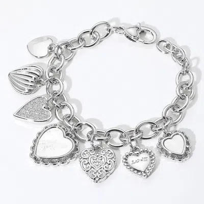 Fashnzfab 14k Gold Plated Cz Stone Paved Mother Of Pearl Heart Charm Station Bracelet In Silver