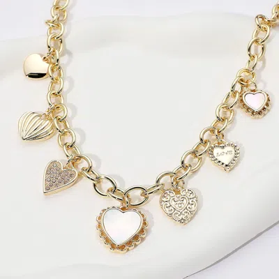 Fashnzfab 14k Gold Plated Cz Stone Paved Mother Of Pearl Heart Charm Station Necklace - Gold