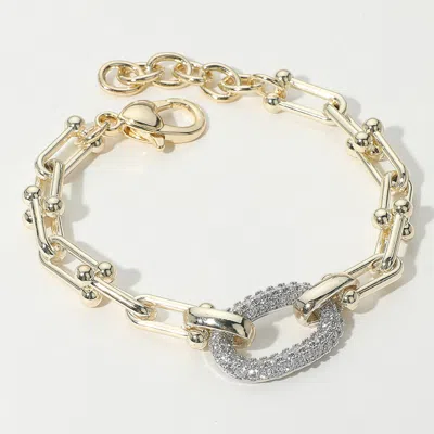 Fashnzfab 14k Gold Plated Cz Stone Paved Oval Link Accent Link Industrial Chain Bracelet Gold
