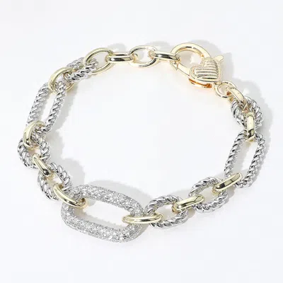 Fashnzfab 14k Gold Plated Cz Stone Paved Oval Link Bracelet Two Tone In Multi