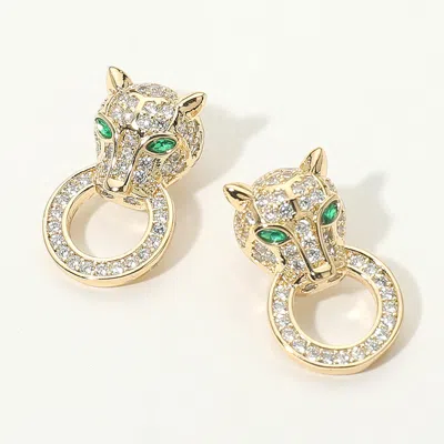 Fashnzfab 14k Gold Plated Cz Stone Paved Panther Stud Earrings
