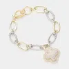 Fashnzfab 14k Gold Plated Cz Stone Paved Quatrefoil Charm Textured Metal Toggle Bracelet In Multi