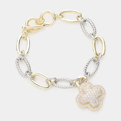 Fashnzfab 14k Gold Plated Cz Stone Paved Quatrefoil Charm Textured Metal Toggle Bracelet In Multi