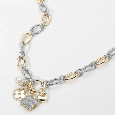 Fashnzfab 14k Gold Plated Cz Stone Paved Quatrefoil Pearl Metal Heart Pendant Two Tone Chunky Chain Necklace In Gray