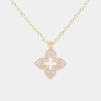 Fashnzfab 14k Gold Plated Cz Stone Paved Quatrefoil Pendant Necklace In Pattern