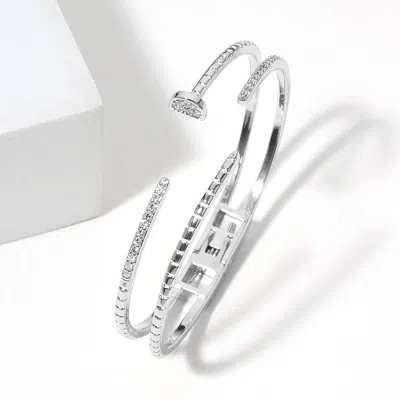 Fashnzfab 14k Gold Plated Cz Stone Paved Split Nail Head Tip Hinged Cuff Bracelet In Metallic