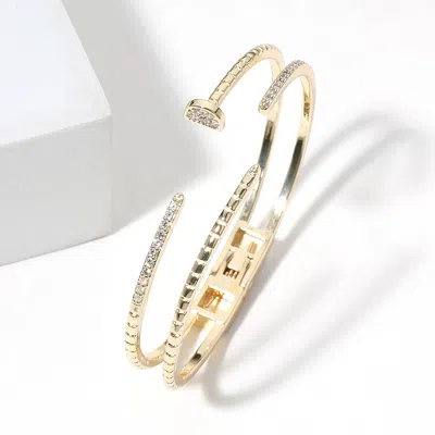 Fashnzfab 14k Gold Plated Cz Stone Paved Split Nail Head Tip Hinged Cuff Bracelet In Red