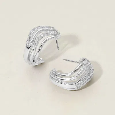 Fashnzfab 14k Gold Plated Cz Stone Paved Split Wave Hoop Earrings In Silver