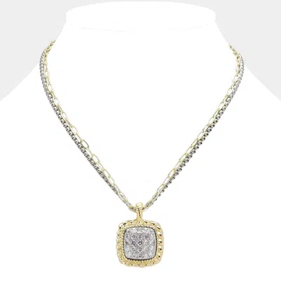 Fashnzfab 14k Gold Plated Cz Stone Paved Square Pendant Two Tone Double Layered Chain Necklace In Multi