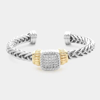 Fashnzfab 14k Gold Plated Cz Stone Paved Square Pointed Braided Metal Cuff Bracelet In Silver